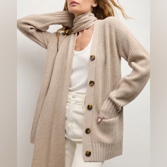 *New* Veronica Beard Annalise Ribbed Wool-Cashmere Cardigan- Oatmeal,Size Medium